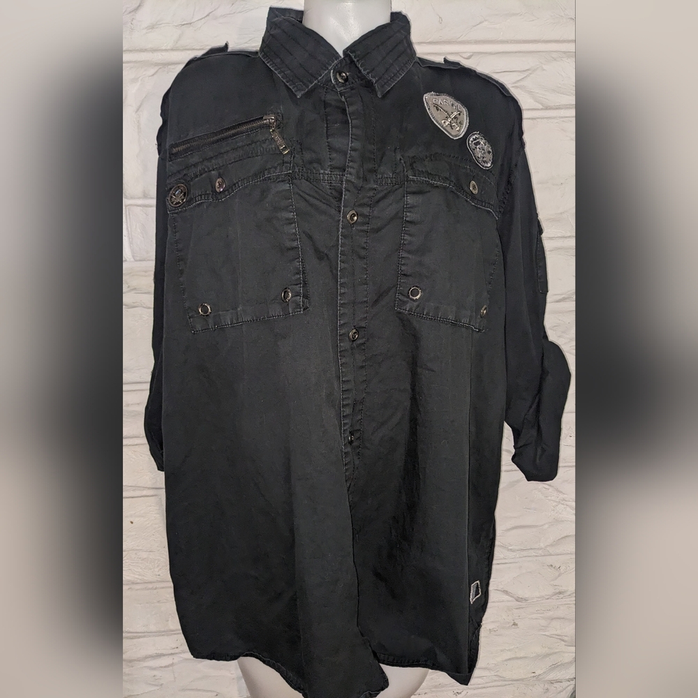 Oversized Button-up Long-sleeve Collared Shirt w/Patches by Parish Nation